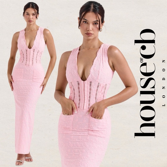 House of CB Dresses & Skirts - House of CB Sophina Maxi Midi Pink Dress Pockets Eyelit Scalloped Plunging Neck